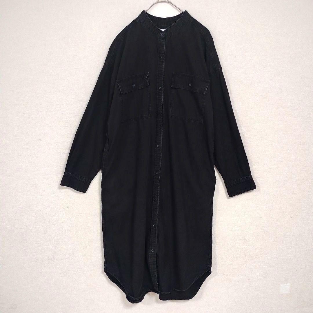 アメリカンホリック 黒 シャツワンピース 長袖 2ポケット オーバーサイズ L