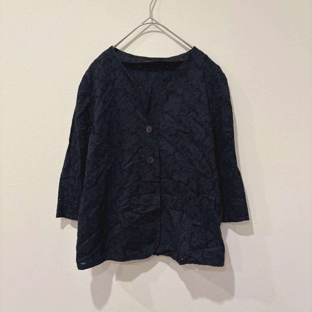 刺繍 レース ブラウス ネイビー 紺色　11AR L相当 綿100％ 七分袖