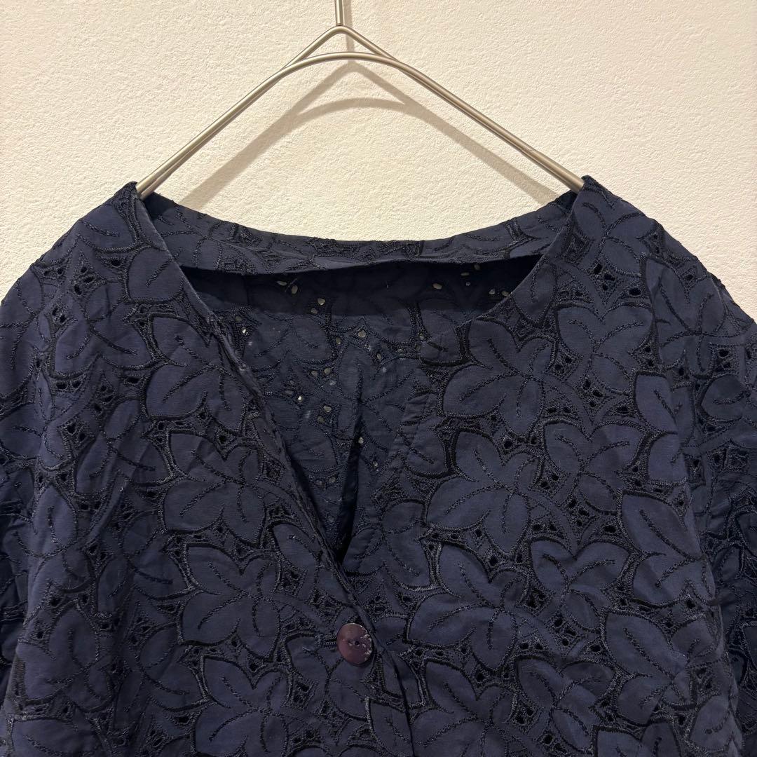 刺繍 レース ブラウス ネイビー 紺色　11AR L相当 綿100％ 七分袖 2