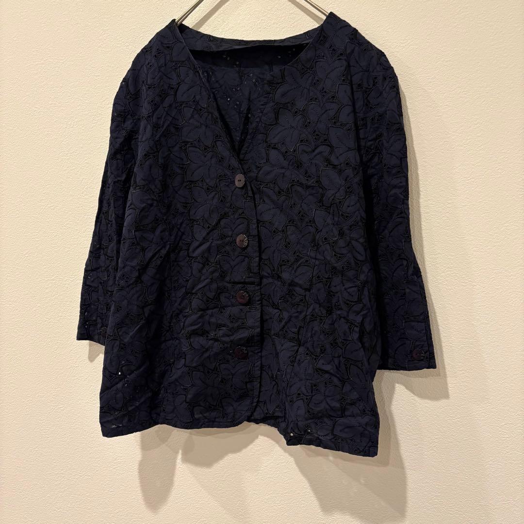 刺繍 レース ブラウス ネイビー 紺色　11AR L相当 綿100％ 七分袖 3