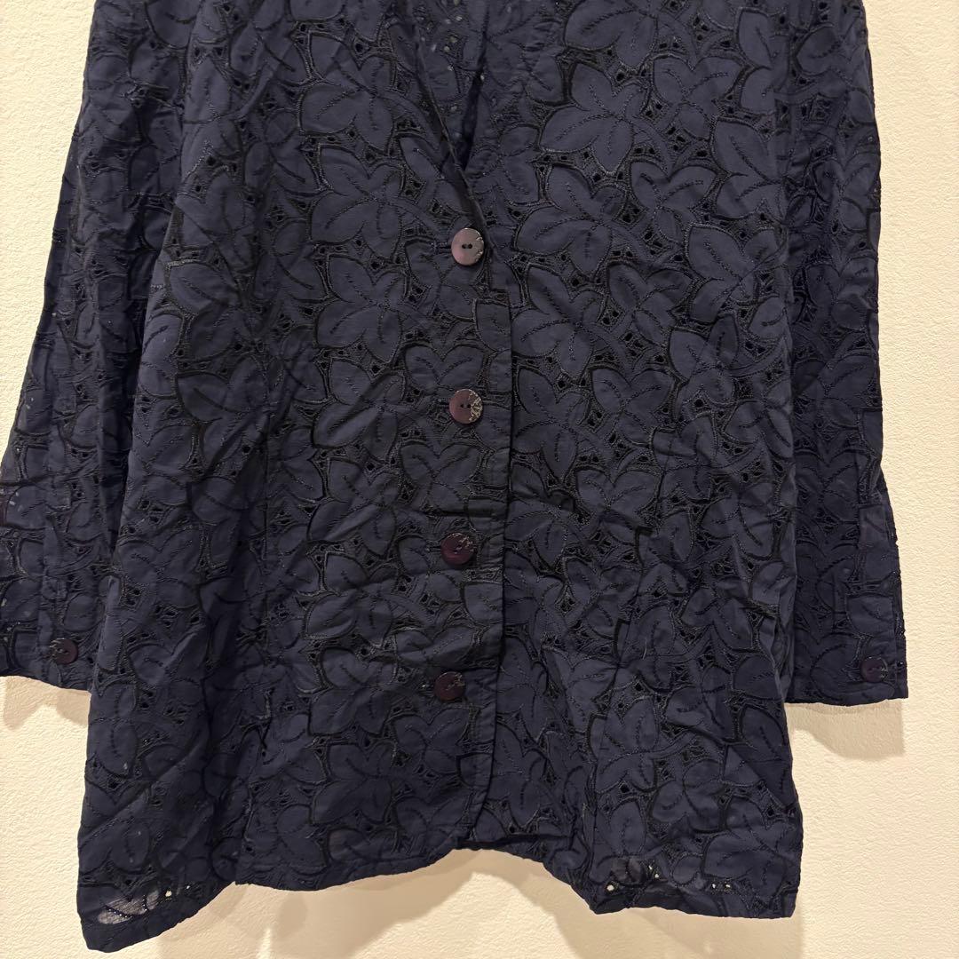 刺繍 レース ブラウス ネイビー 紺色　11AR L相当 綿100％ 七分袖 4
