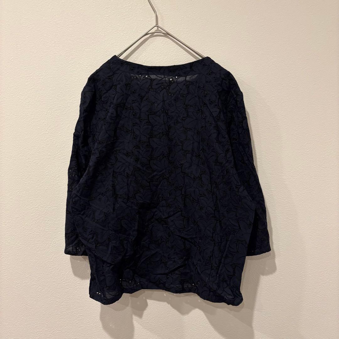刺繍 レース ブラウス ネイビー 紺色　11AR L相当 綿100％ 七分袖 7