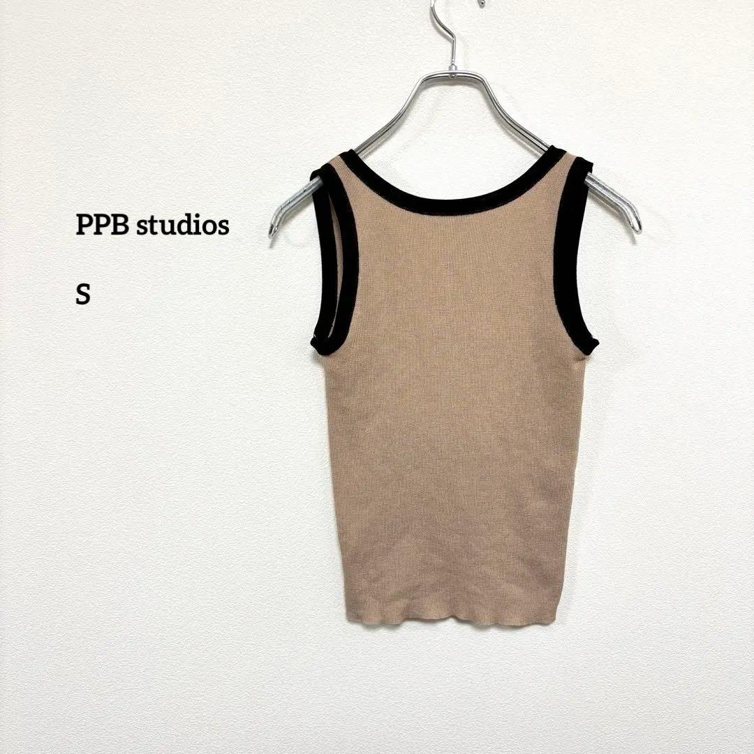PPB studios リブタンクトップベージュブラックS相当バイカラーe058
