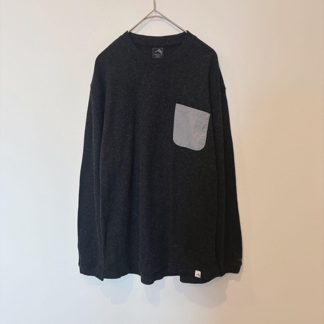 フィールドコア 長袖カットソー ワッフル ポケット 黒 ブラック　S 無地
