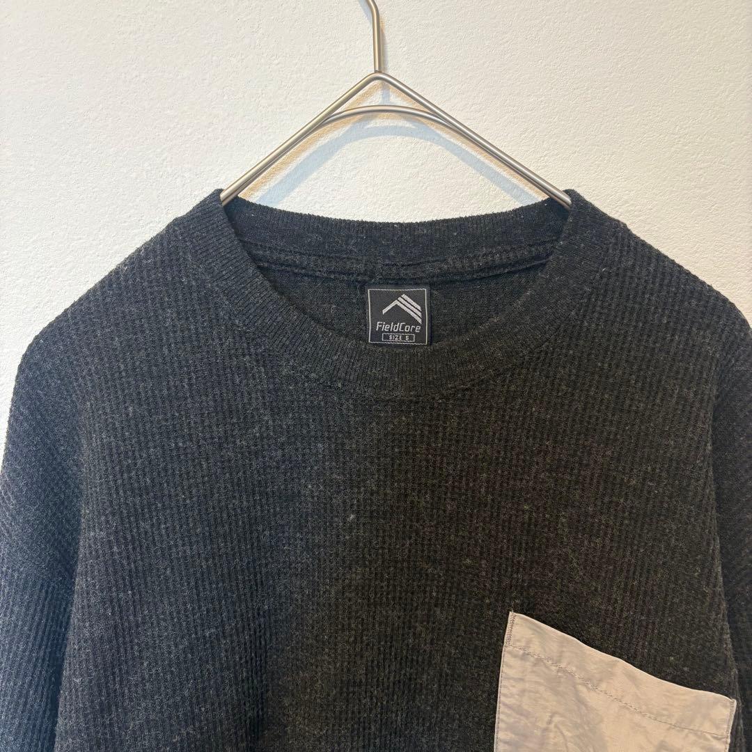 フィールドコア 長袖カットソー ワッフル ポケット 黒 ブラック　S 無地 2