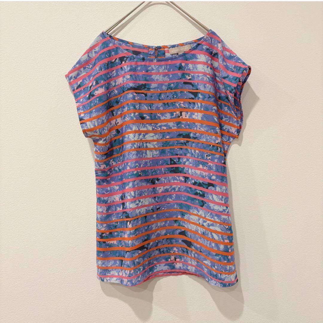 .バナナリパブリック 総柄 半袖ブラウス ボーダー　青 S トップス　上品