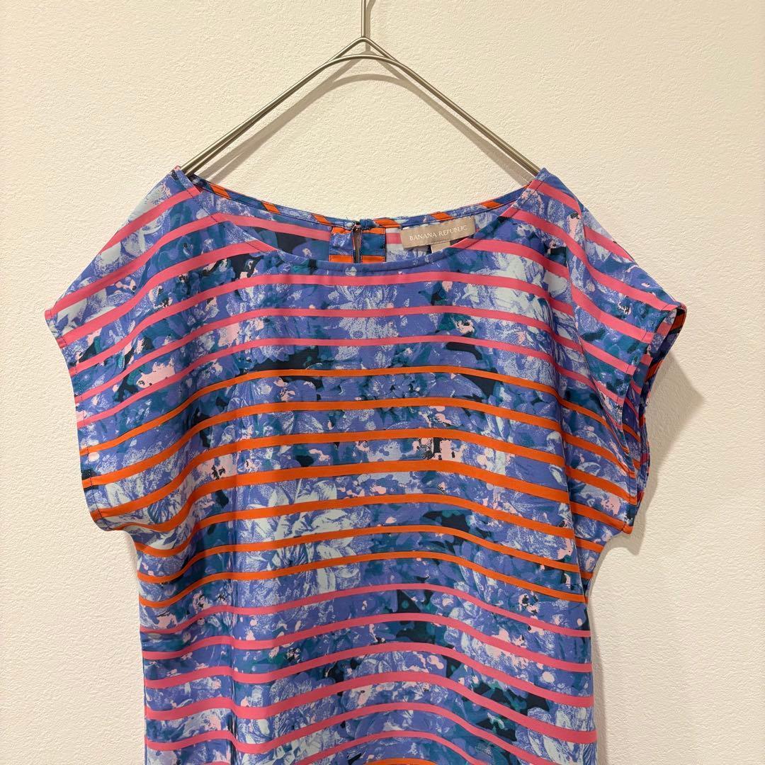 .バナナリパブリック 総柄 半袖ブラウス ボーダー　青 S トップス　上品 2