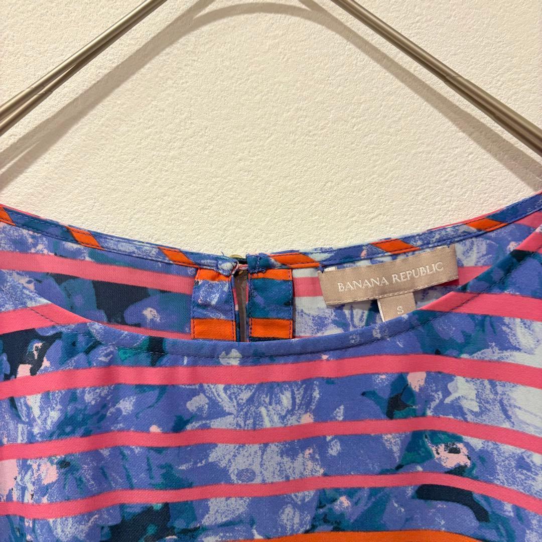 .バナナリパブリック 総柄 半袖ブラウス ボーダー　青 S トップス　上品 3