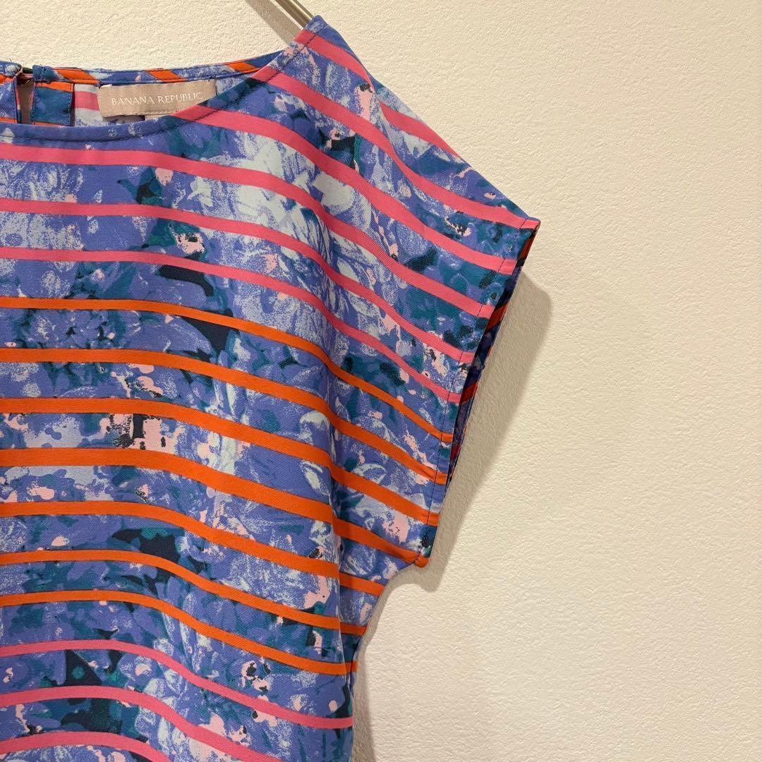 .バナナリパブリック 総柄 半袖ブラウス ボーダー　青 S トップス　上品 4