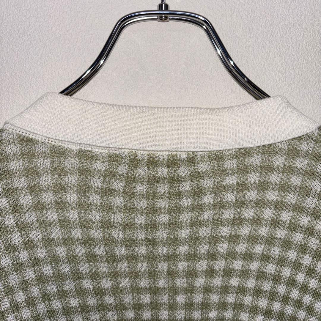 NICE CLAUP 半袖カーディガンLグリーン系チェック格子ショート丈d699 12