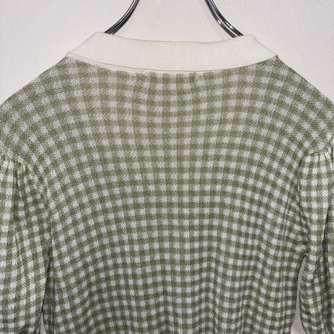 NICE CLAUP 半袖カーディガンLグリーン系チェック格子ショート丈d699 13