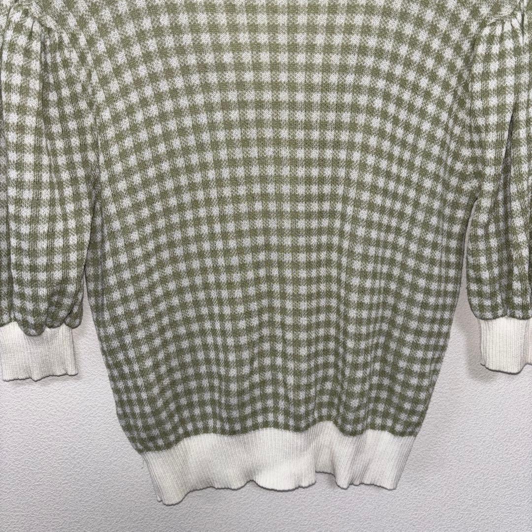 NICE CLAUP 半袖カーディガンLグリーン系チェック格子ショート丈d699 14