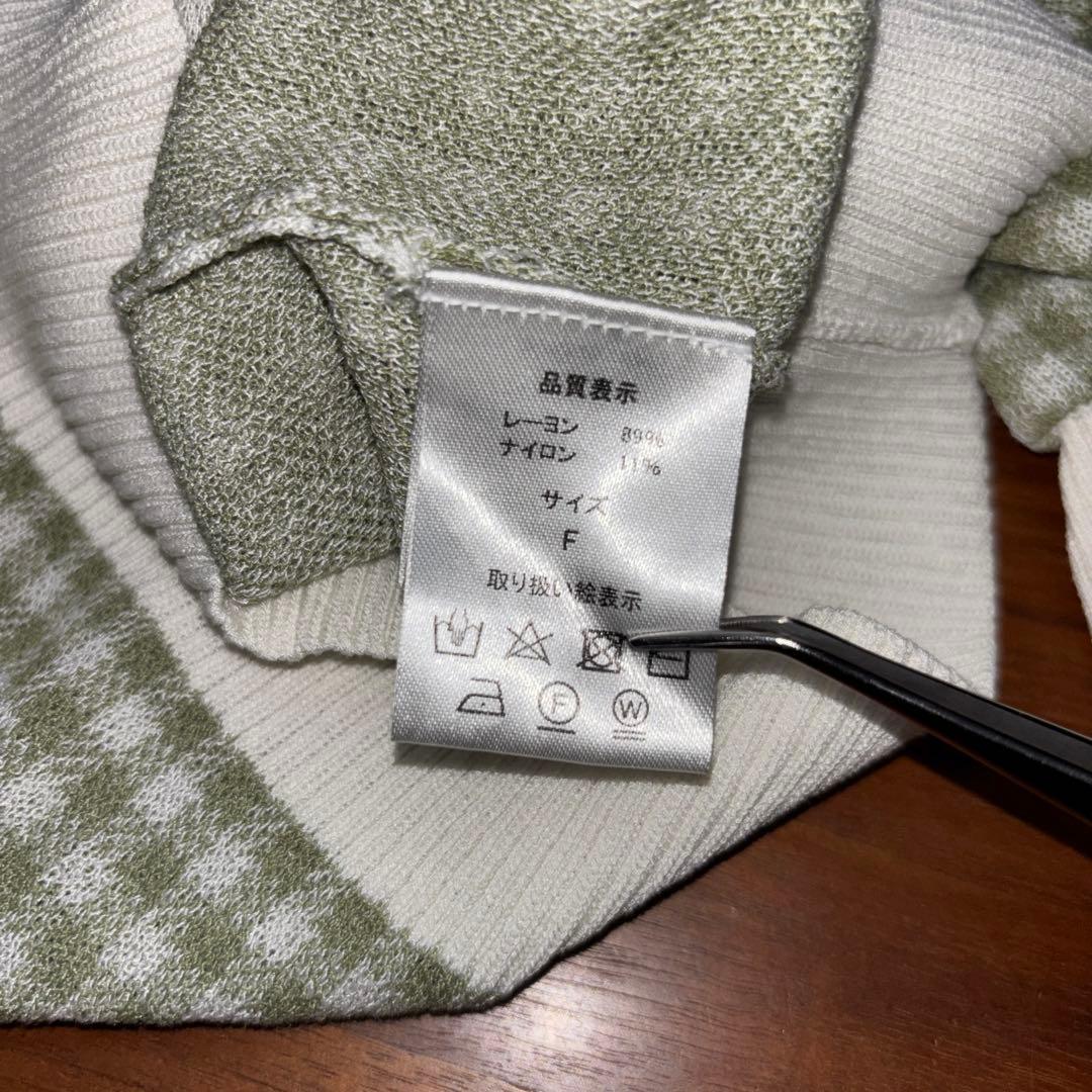 NICE CLAUP 半袖カーディガンLグリーン系チェック格子ショート丈d699 15