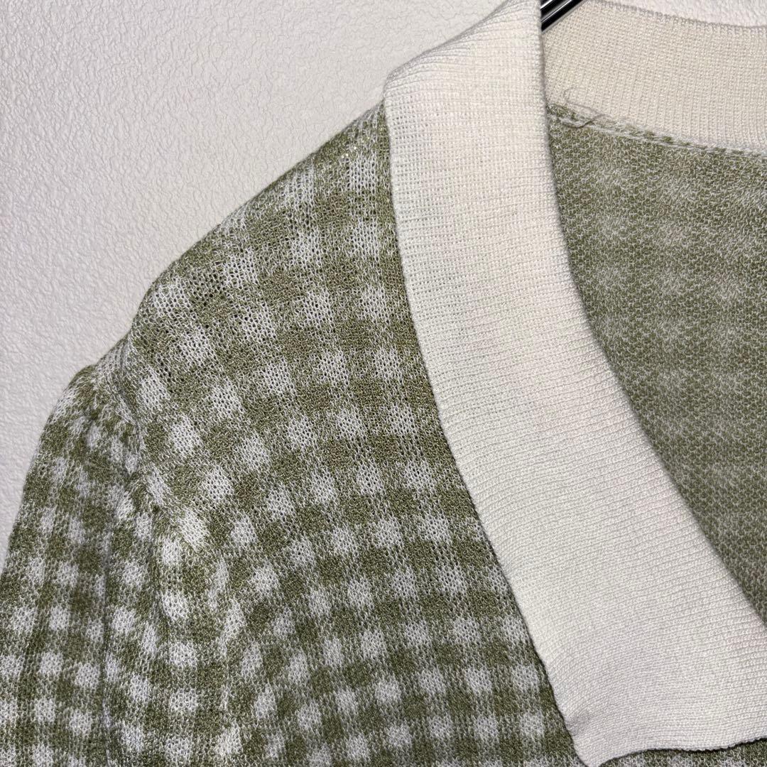 NICE CLAUP 半袖カーディガンLグリーン系チェック格子ショート丈d699 4