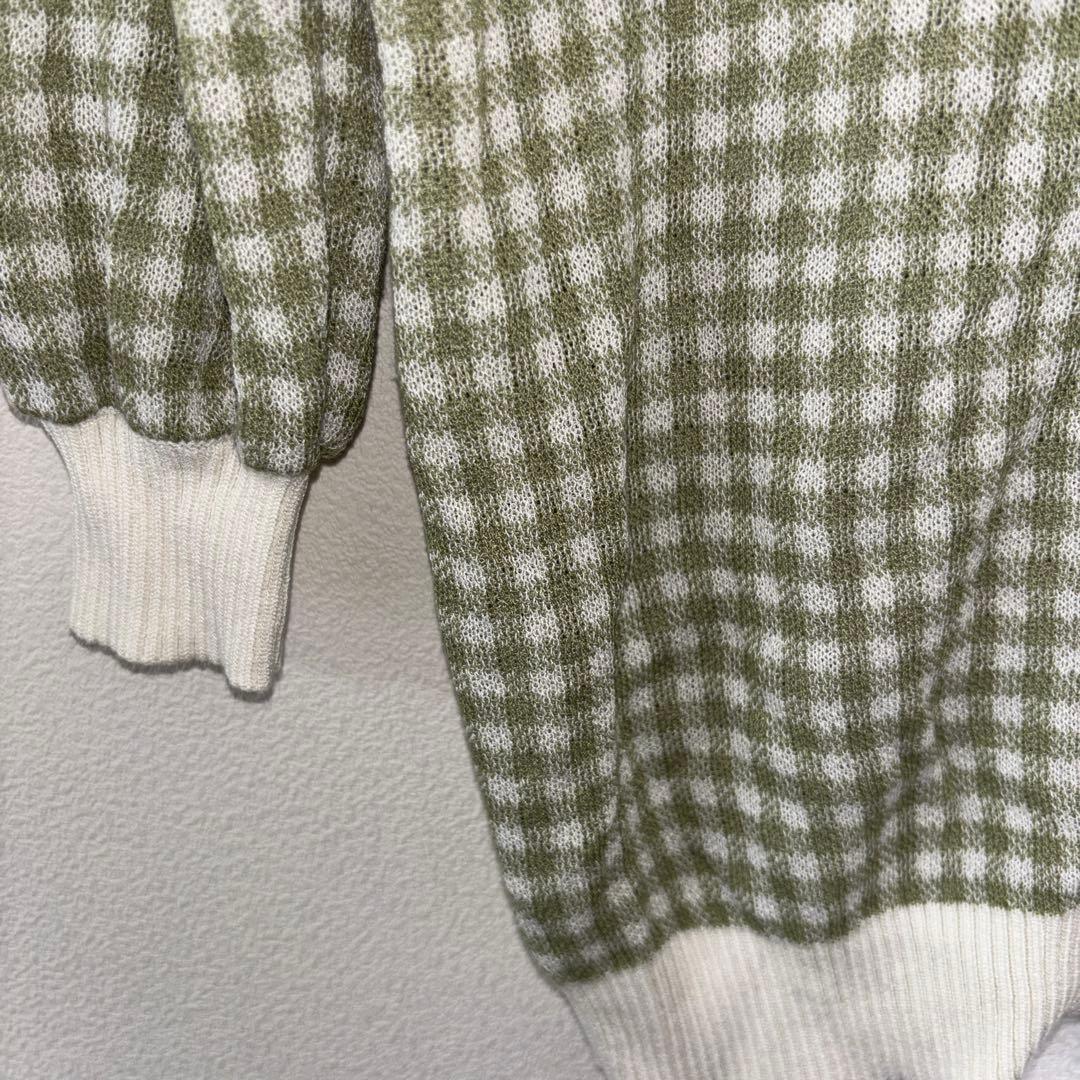NICE CLAUP 半袖カーディガンLグリーン系チェック格子ショート丈d699 6