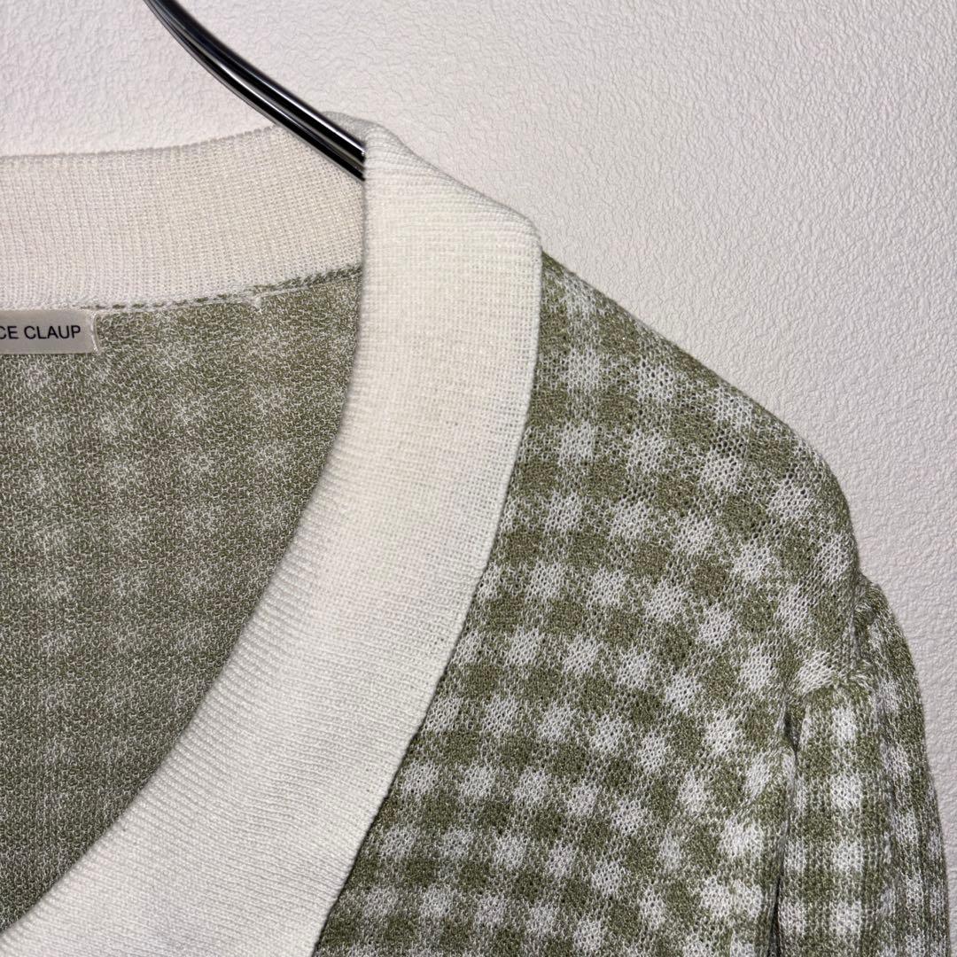 NICE CLAUP 半袖カーディガンLグリーン系チェック格子ショート丈d699 7