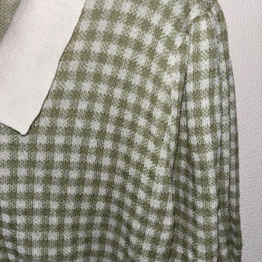 NICE CLAUP 半袖カーディガンLグリーン系チェック格子ショート丈d699 8