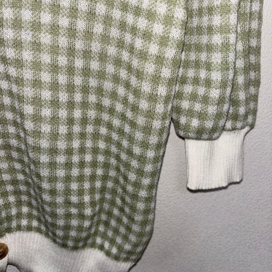 NICE CLAUP 半袖カーディガンLグリーン系チェック格子ショート丈d699 9