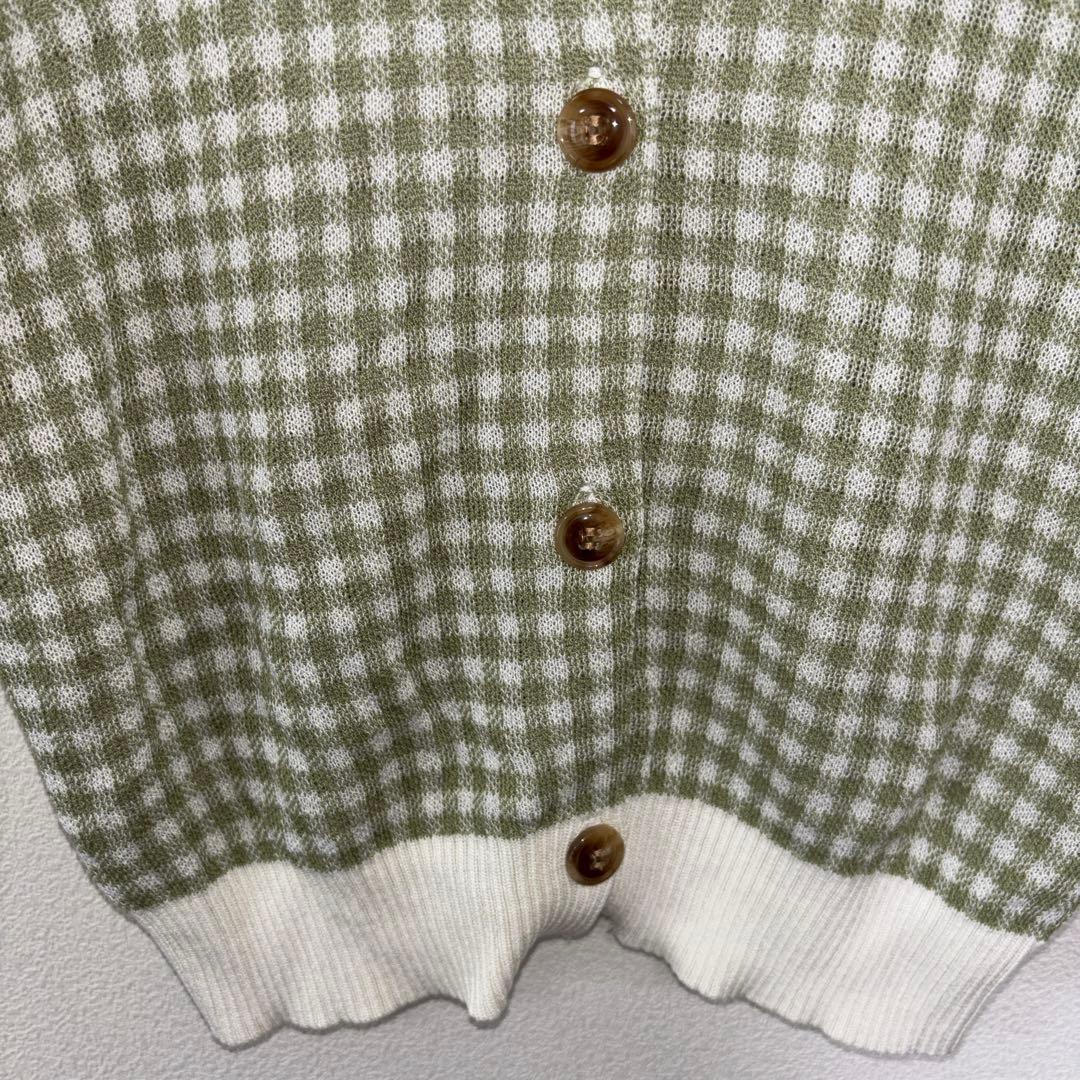 NICE CLAUP 半袖カーディガンLグリーン系チェック格子ショート丈d699 10