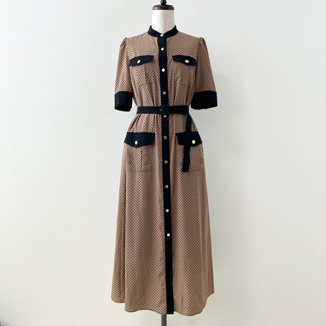 美品✨ルルウィルビー　デシンドットスタンドワンピース　ベージュ　2