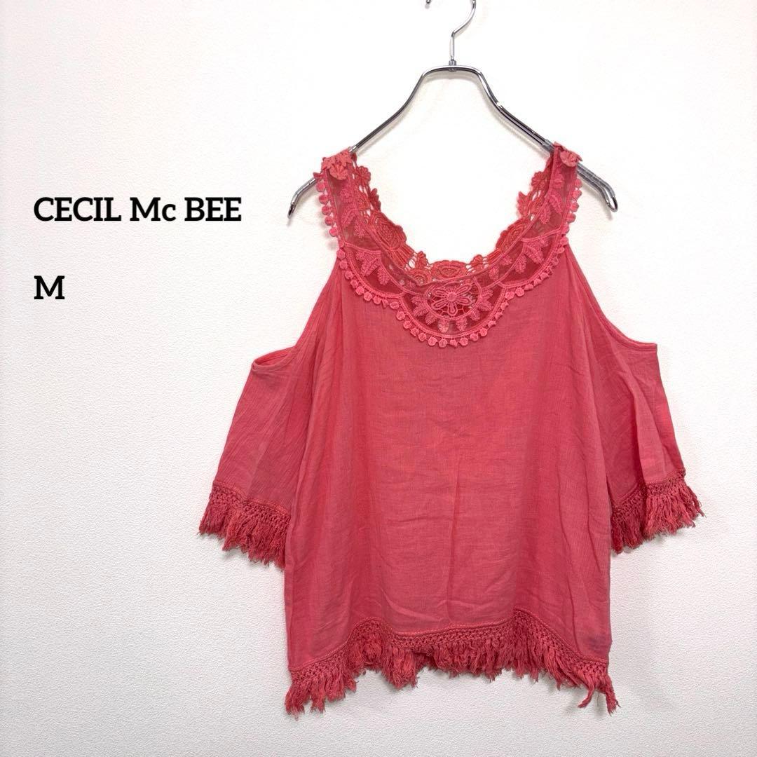 CECIL Mc BEE オフショルダー フリンジチュニック M ピンクd778