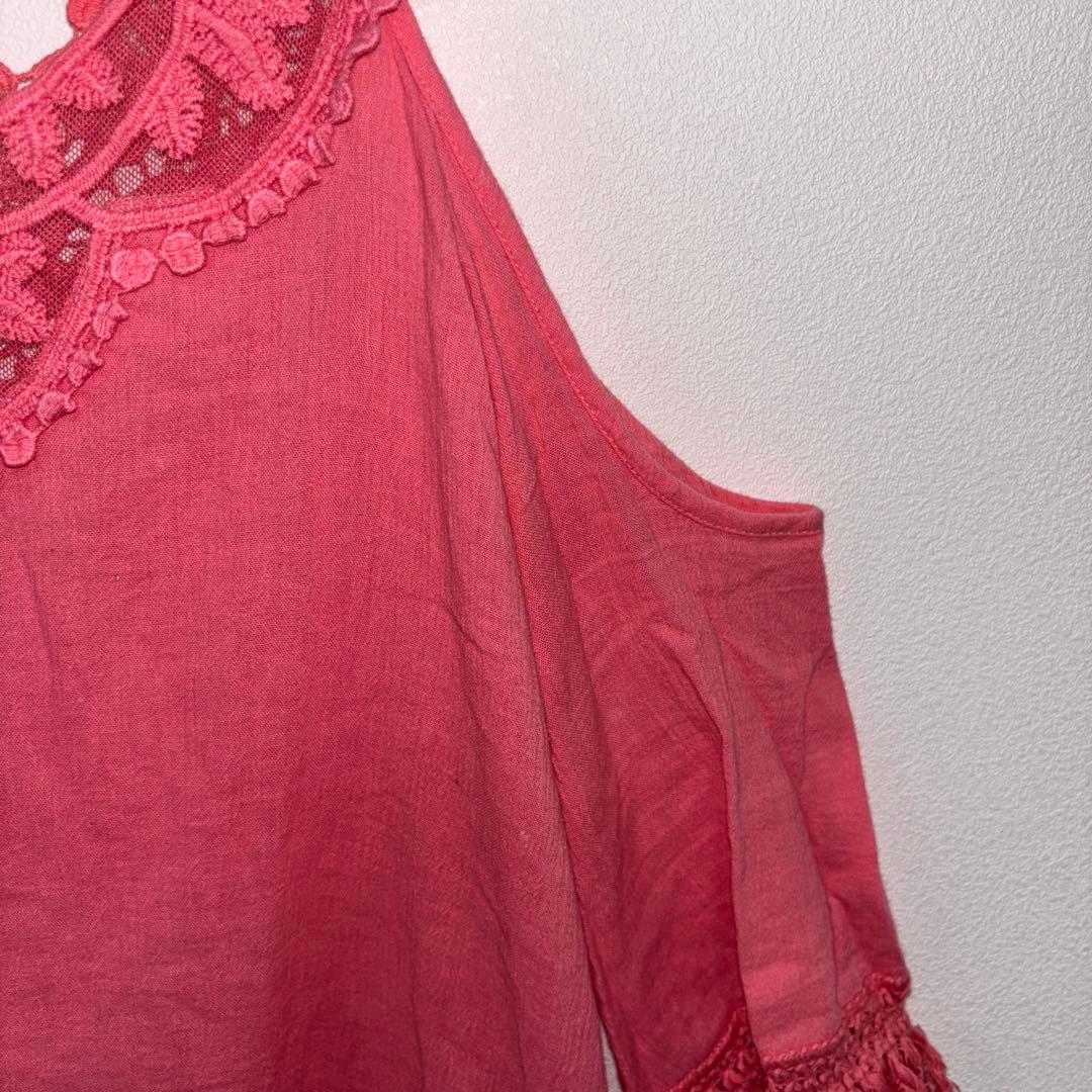 CECIL Mc BEE オフショルダー フリンジチュニック M ピンクd778 7