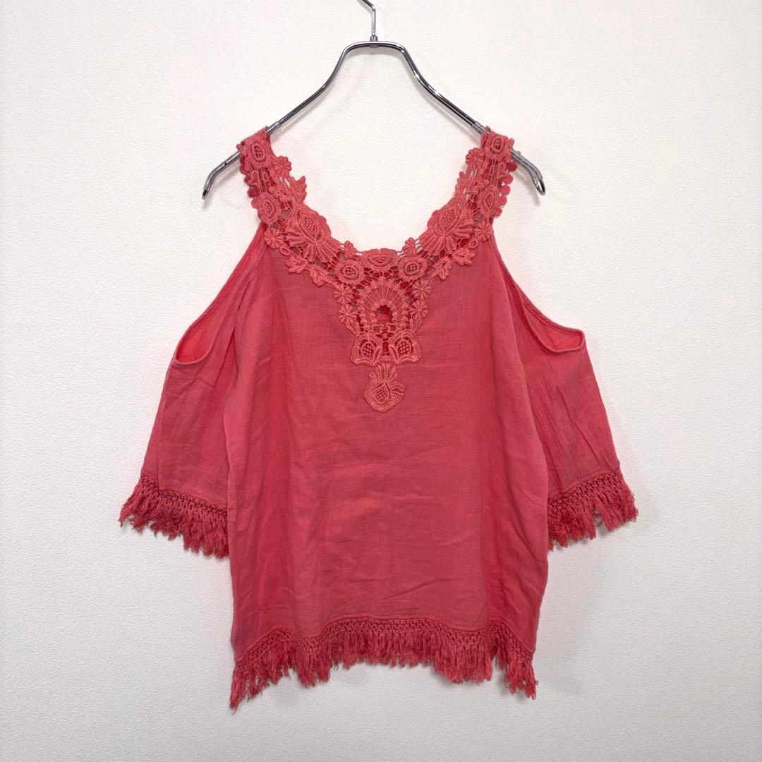 CECIL Mc BEE オフショルダー フリンジチュニック M ピンクd778 10