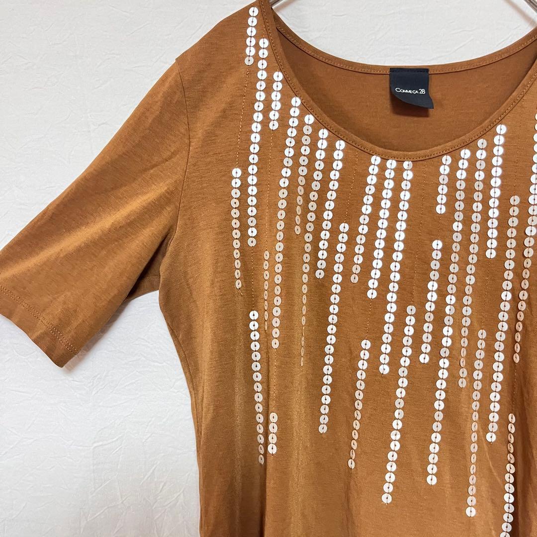 COMME CA28 カットソー 半袖Tシャツ　スパンコール 茶 ブラウンM 3