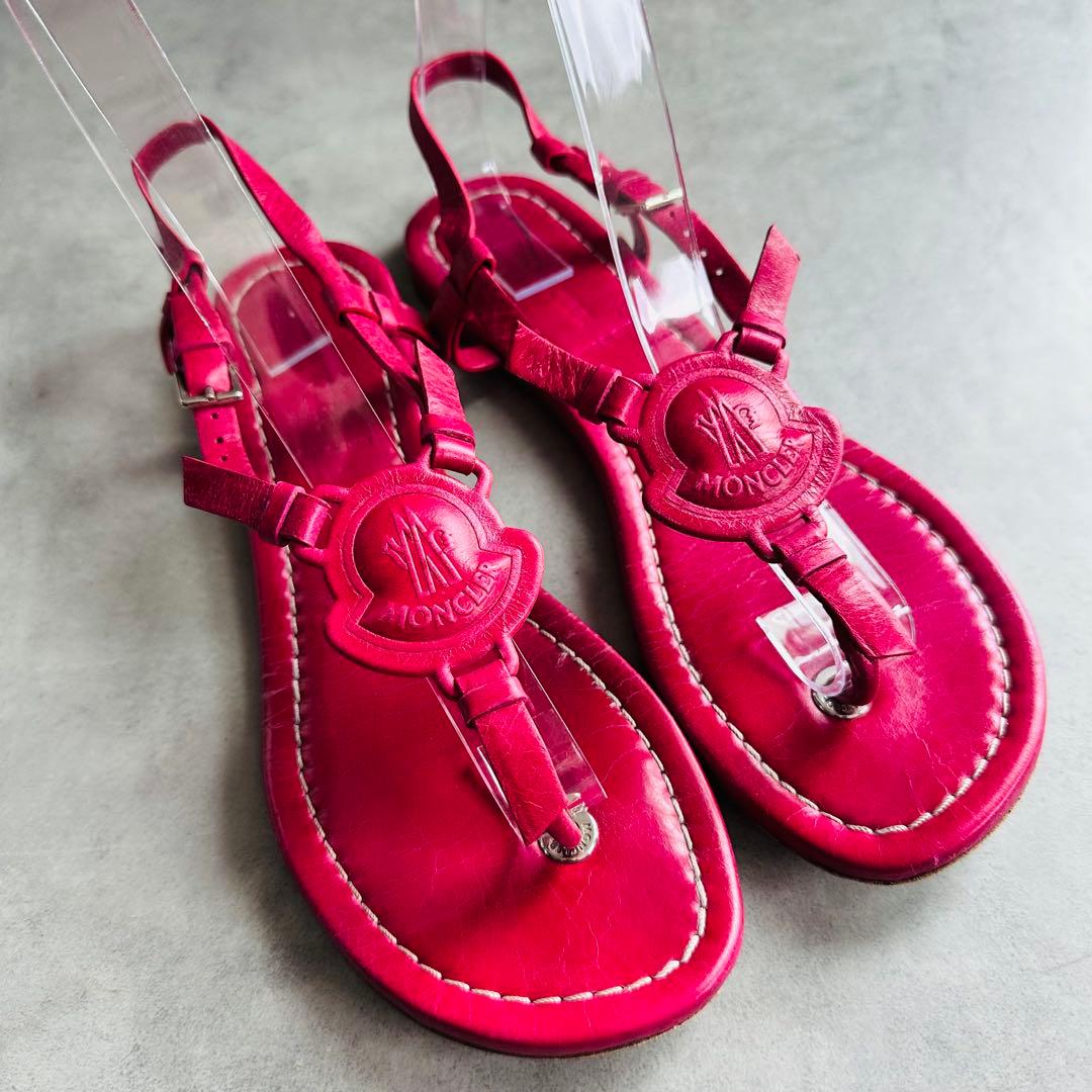 MONCLER エンボスロゴ　レザー　トングサンダル　アンクルストラップ　赤 4