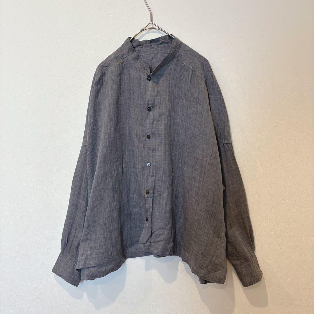 ヌノ バンドカラーシャツ 長袖　ラミー100% グレー 日本製 ゆる　前ボタン