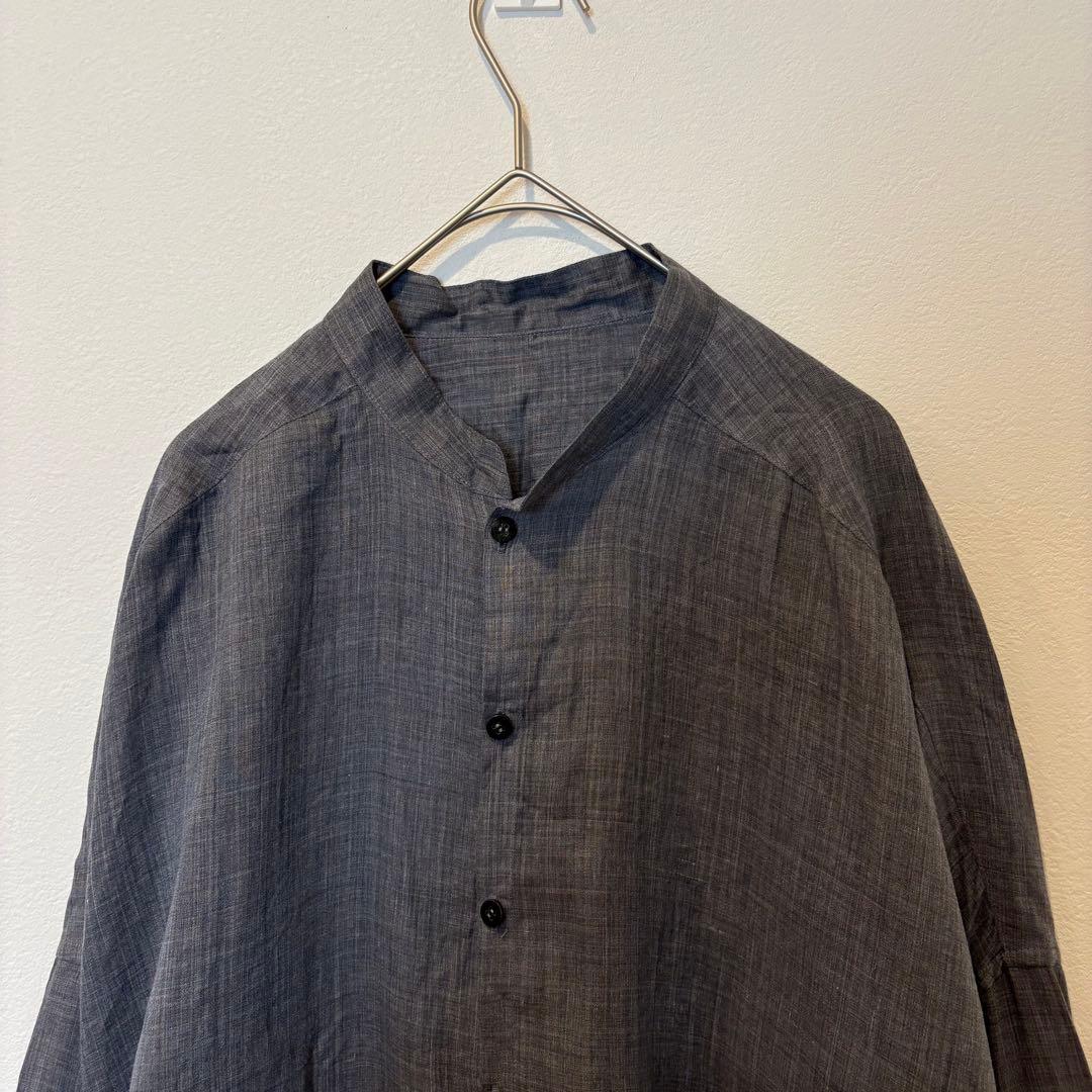 ヌノ バンドカラーシャツ 長袖　ラミー100% グレー 日本製 ゆる　前ボタン 2