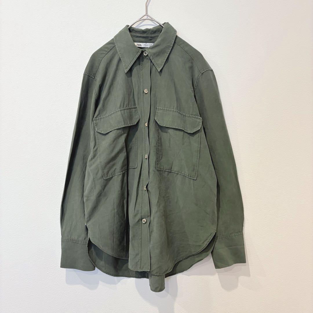 ザラ ミリタリー シャツ 長袖 胸ポケット カーキ 緑　S 無地　カジュアル