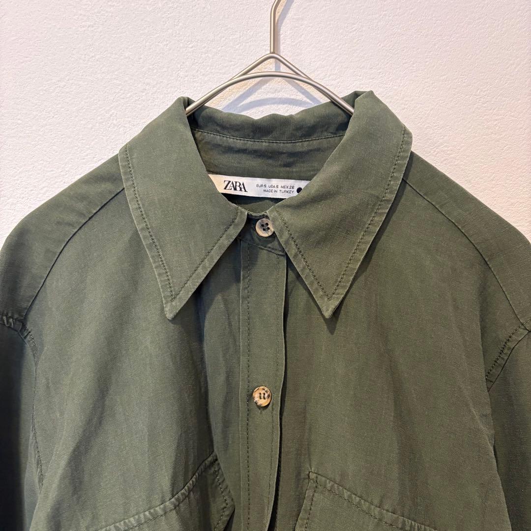 ザラ ミリタリー シャツ 長袖 胸ポケット カーキ 緑　S 無地　カジュアル 2