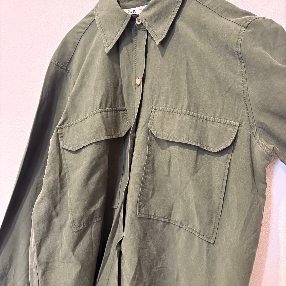 ザラ ミリタリー シャツ 長袖 胸ポケット カーキ 緑　S 無地　カジュアル 3