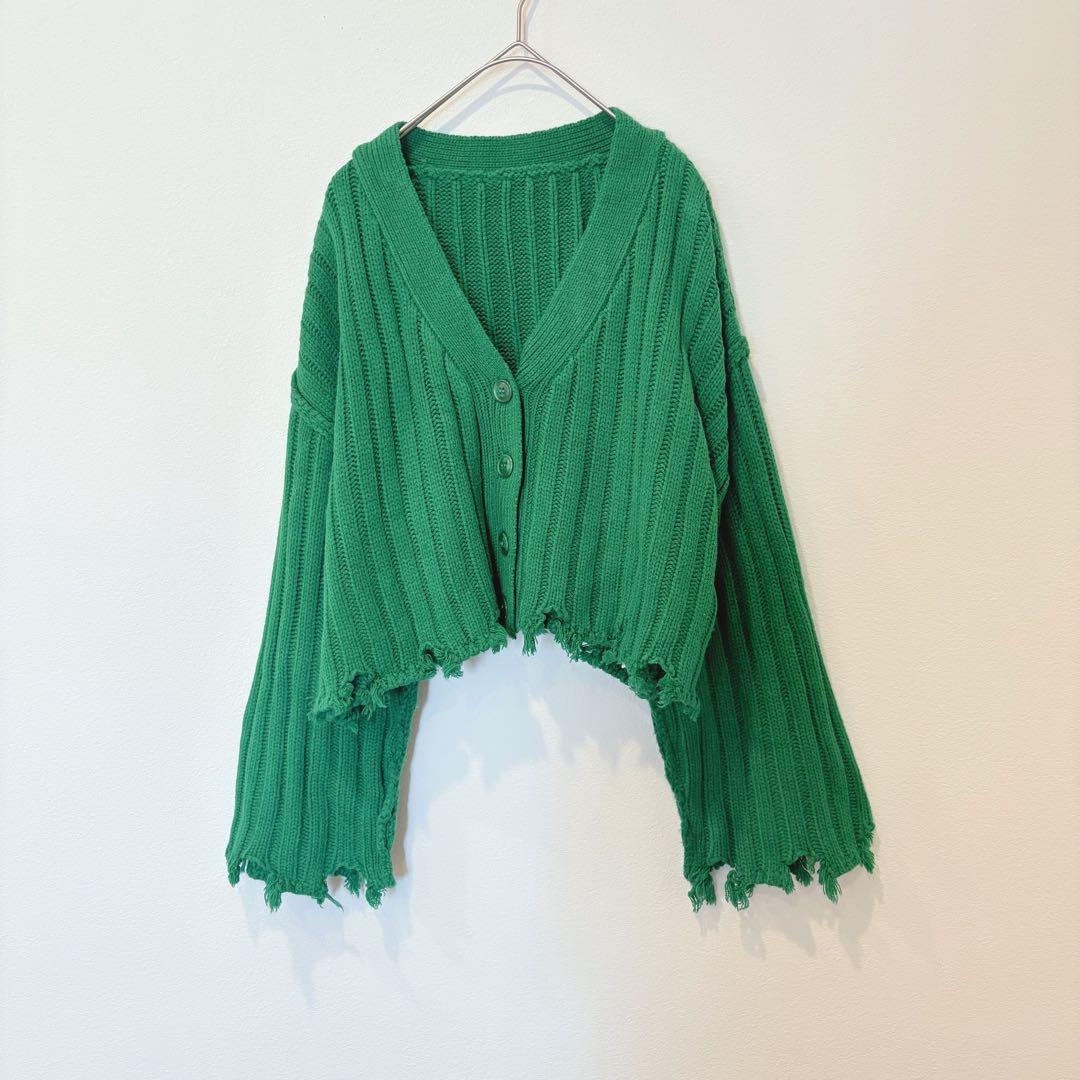 イング リブ ニット カーディガン グリーン 緑　M ショート丈 ダメージ風