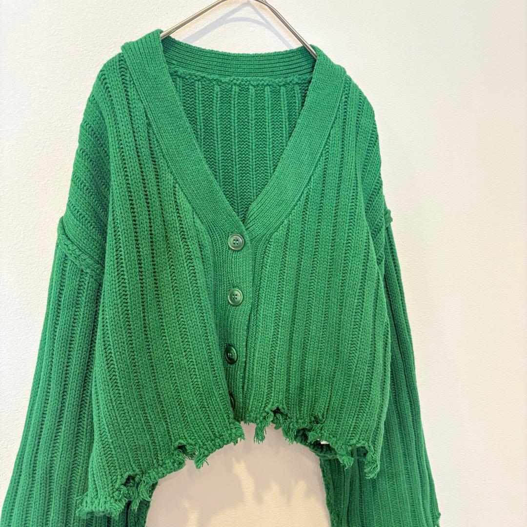 イング リブ ニット カーディガン グリーン 緑　M ショート丈 ダメージ風 2