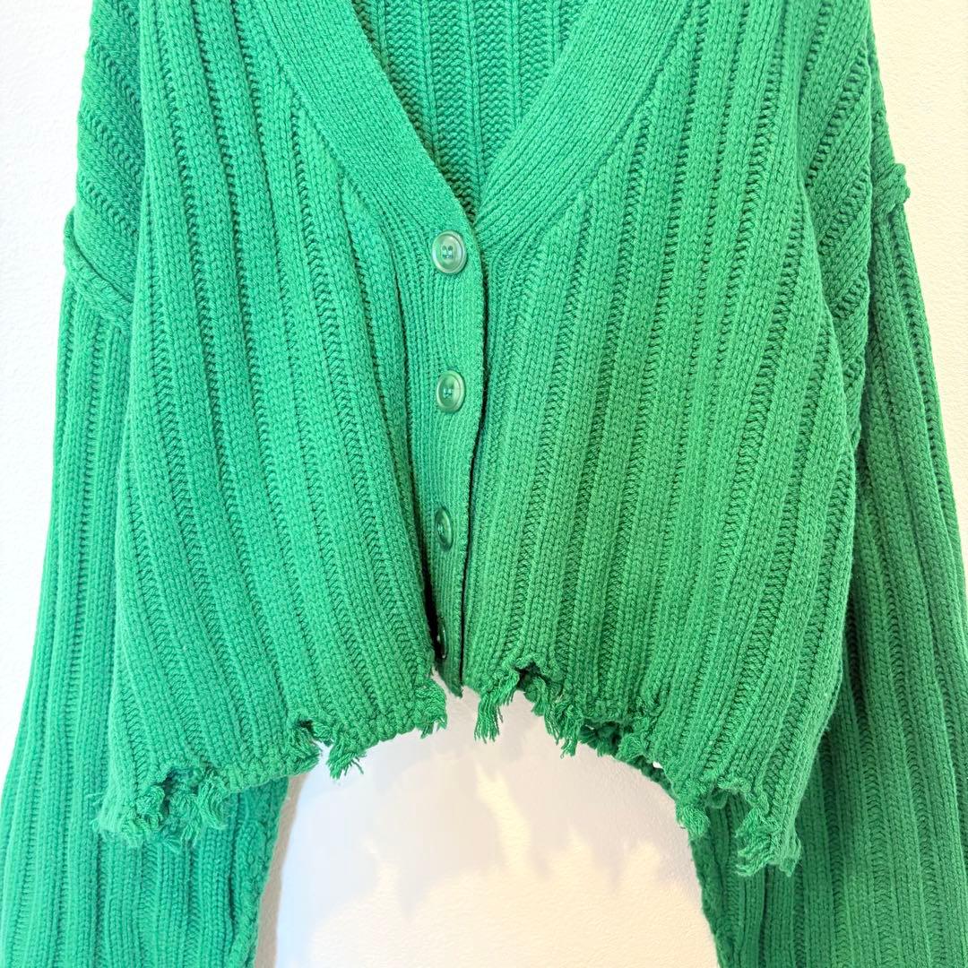 イング リブ ニット カーディガン グリーン 緑　M ショート丈 ダメージ風 4