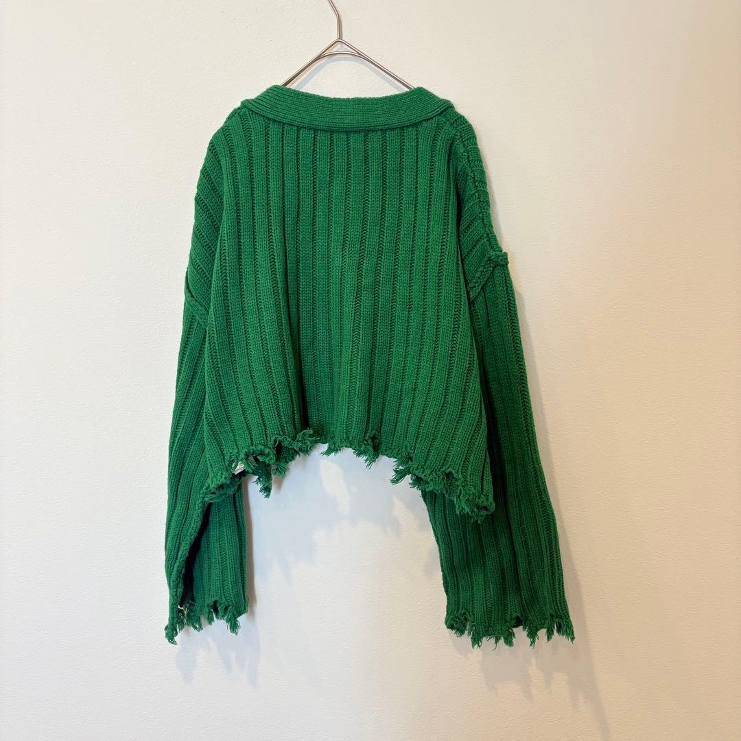 イング リブ ニット カーディガン グリーン 緑　M ショート丈 ダメージ風 5