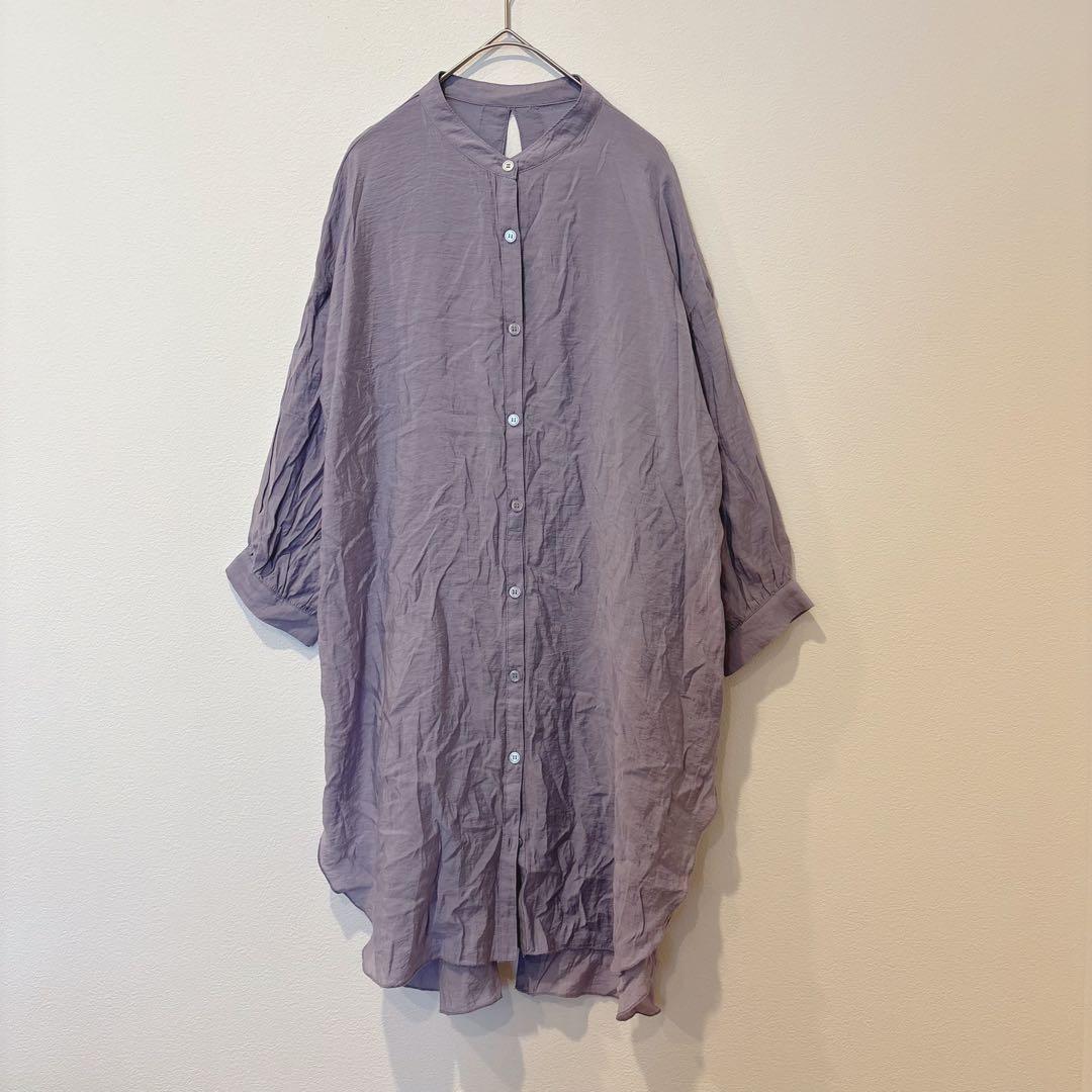 レイカズン ロングシャツ チュニック　長袖　バンドカラー パープル 紫　前開き