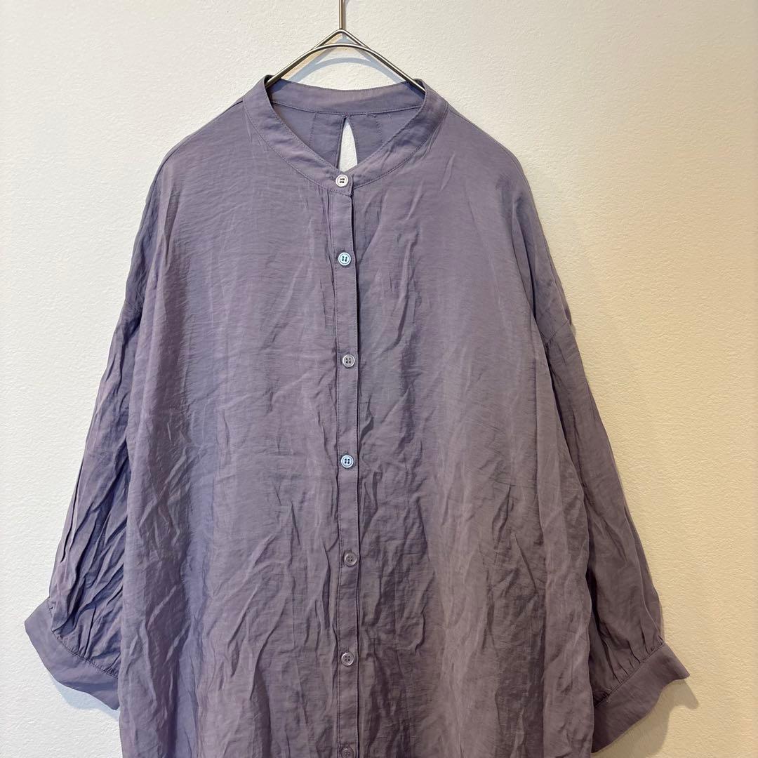 レイカズン ロングシャツ チュニック　長袖　バンドカラー パープル 紫　前開き 2