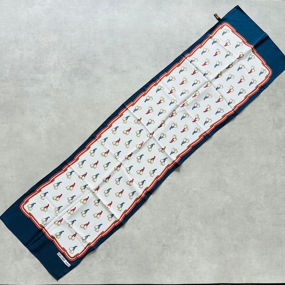 CELINE 馬具（鐙・あぶみ）モチーフ　シルクスカーフ　ネイビー　ホワイト