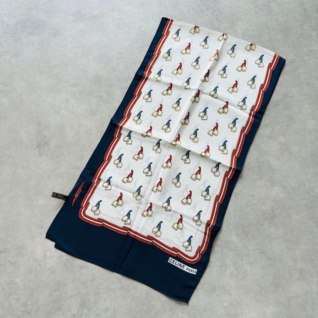 CELINE 馬具（鐙・あぶみ）モチーフ　シルクスカーフ　ネイビー　ホワイト 2