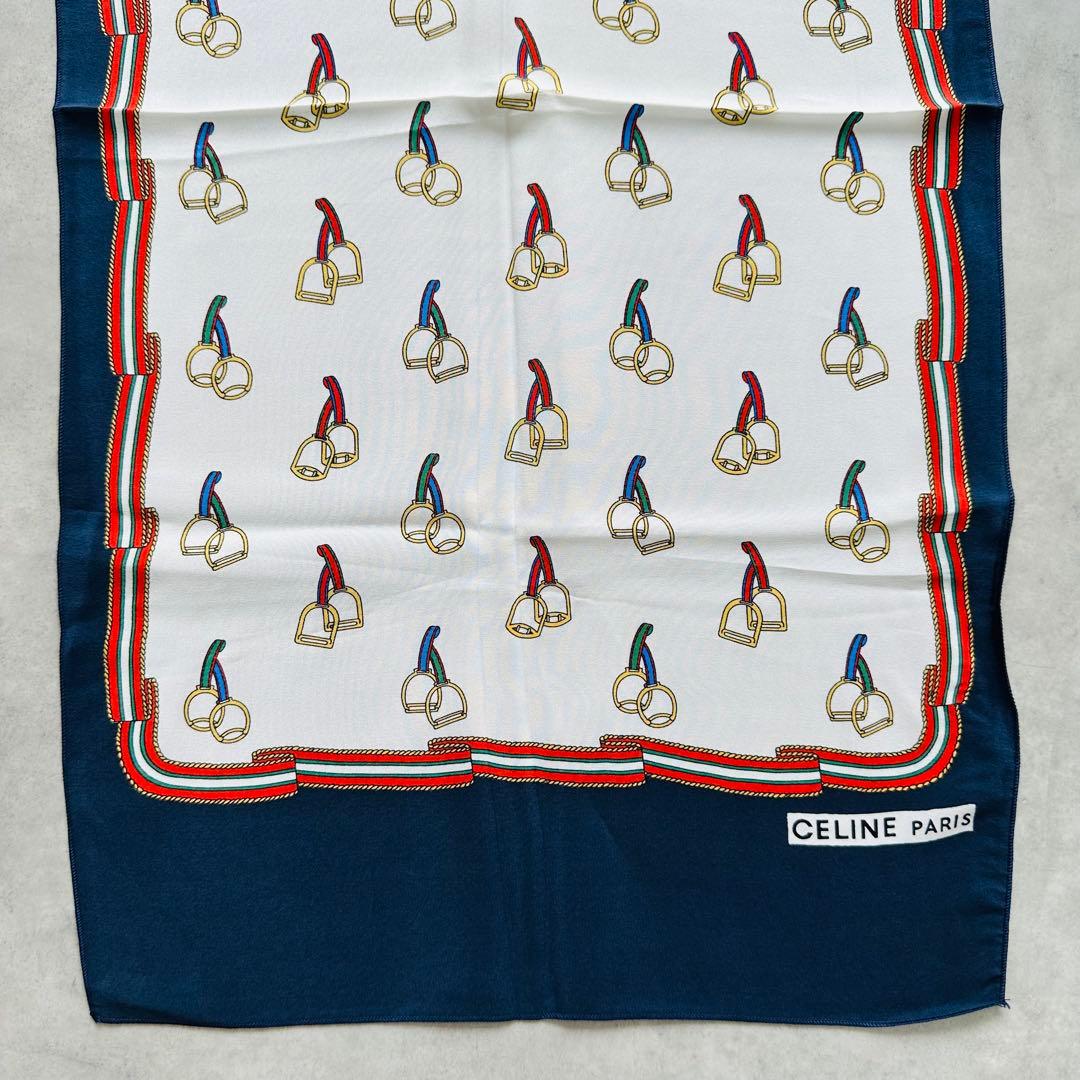 CELINE 馬具（鐙・あぶみ）モチーフ　シルクスカーフ　ネイビー　ホワイト 5