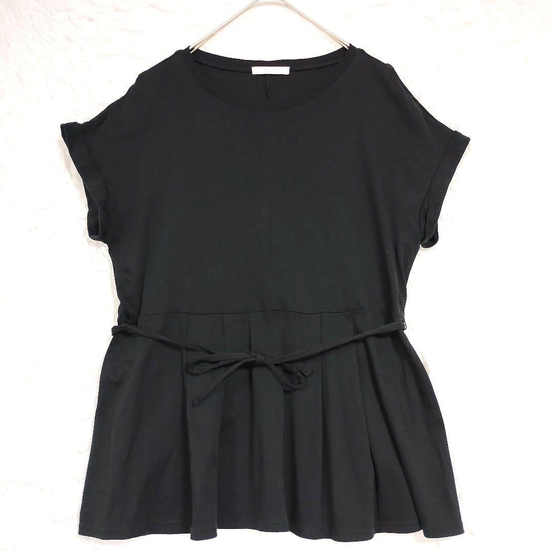 クラシカルエルフ 黒 半袖フレアトップス ウエストリボン付き M リネン