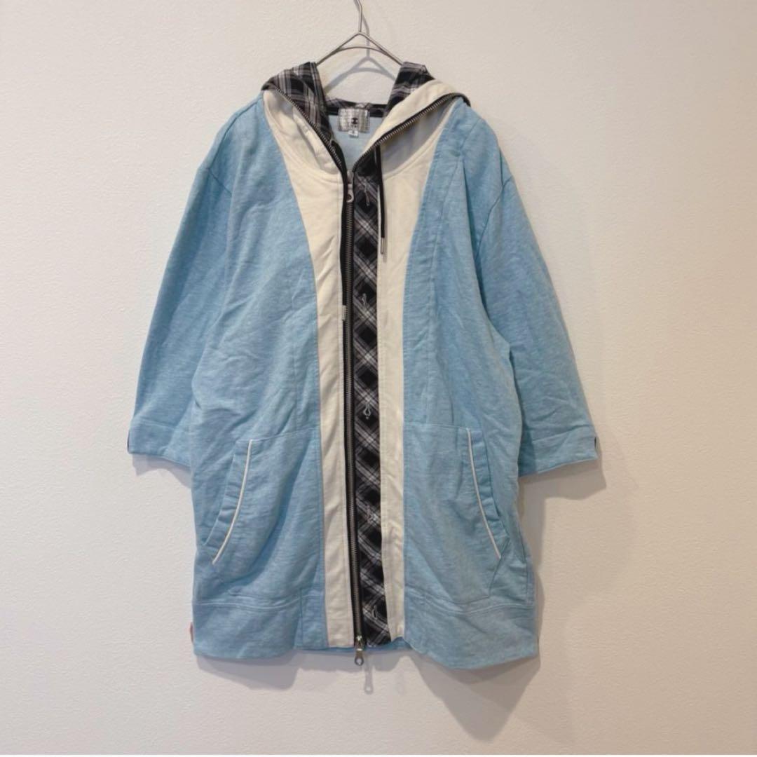 TK パーカー フルジップ チェック 切替 ブルー 水色　M フーディ 個性