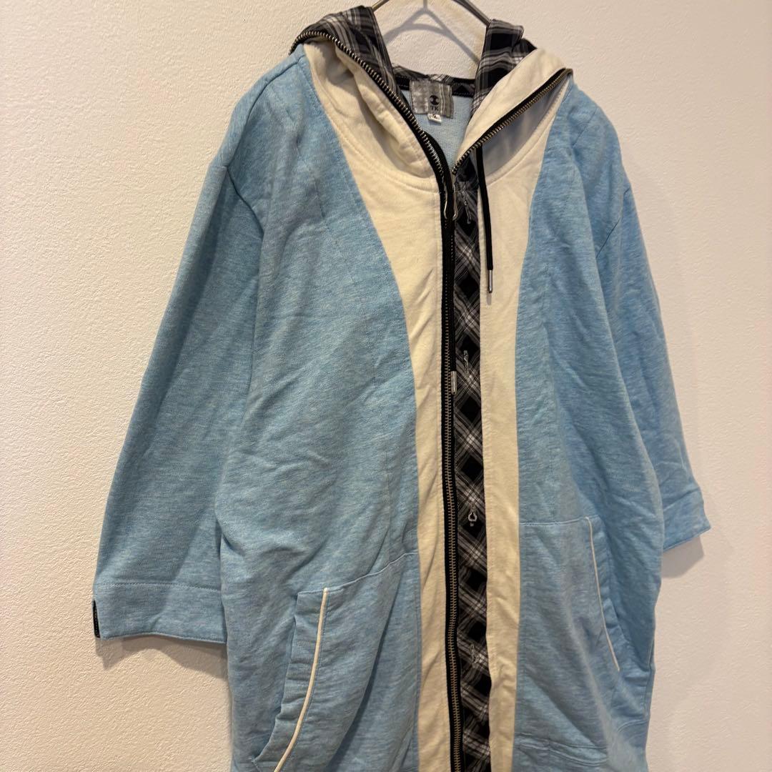 TK パーカー フルジップ チェック 切替 ブルー 水色　M フーディ 個性 2