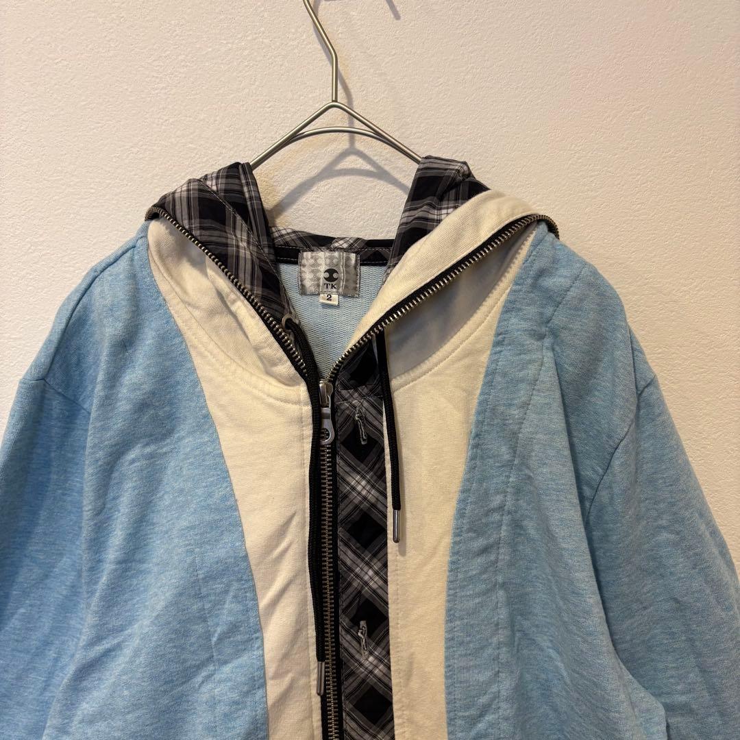 TK パーカー フルジップ チェック 切替 ブルー 水色　M フーディ 個性 3