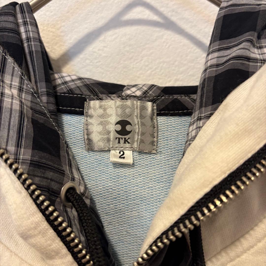 TK パーカー フルジップ チェック 切替 ブルー 水色　M フーディ 個性 4