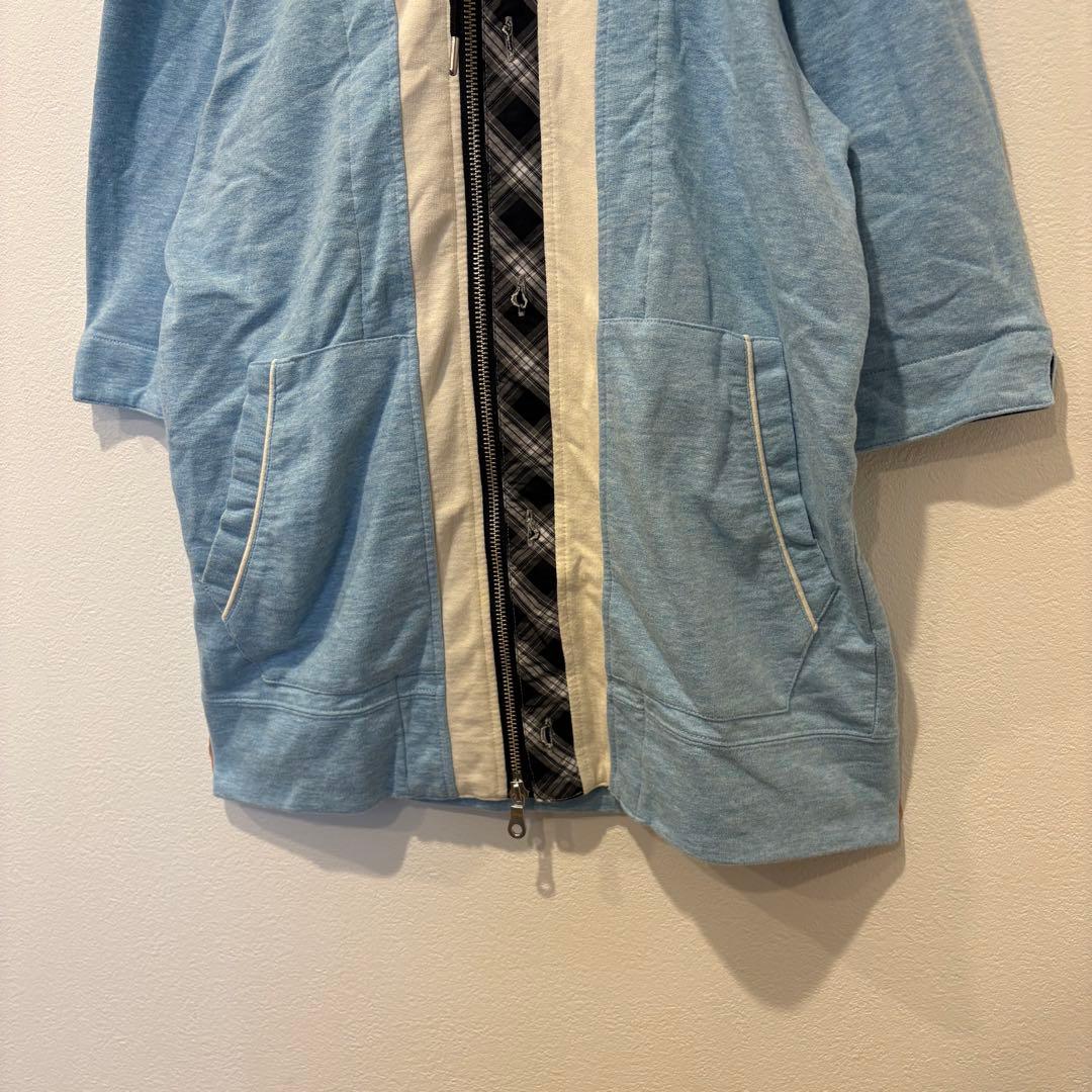 TK パーカー フルジップ チェック 切替 ブルー 水色　M フーディ 個性 5
