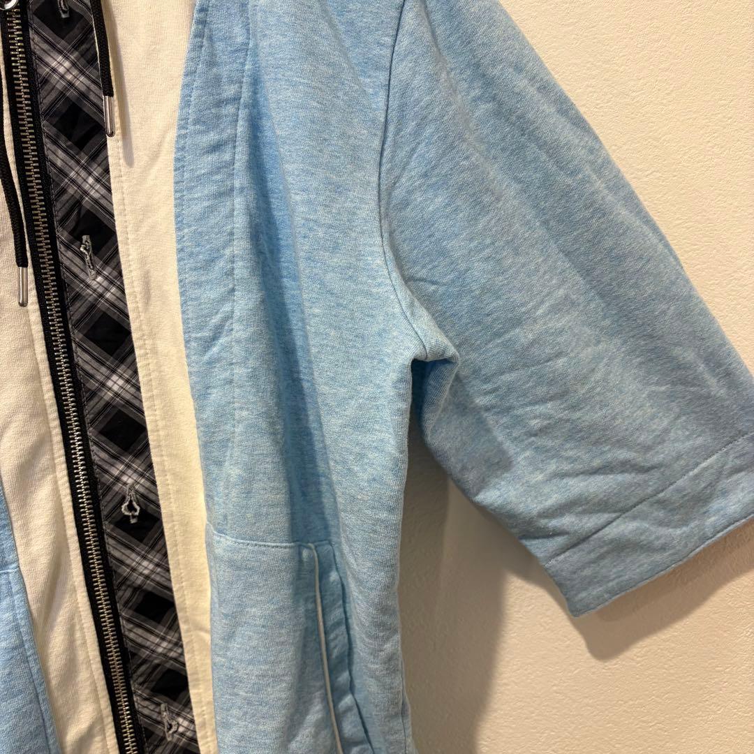TK パーカー フルジップ チェック 切替 ブルー 水色　M フーディ 個性 6
